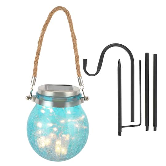 Warm White Solar LED Light Blue Hanging Glass Lantern by Ashland&#xAE;
